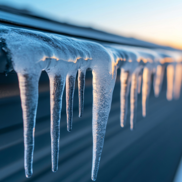 Icicles hanging from a roof during winter.