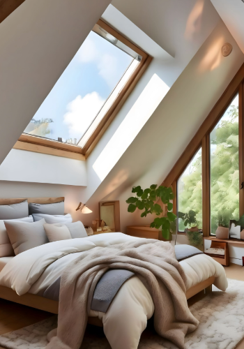 Premium Windows & Skylights Installation by Story Roofing Open skylight window showcasing a clear blue sky, enhancing natural light in the interior space.